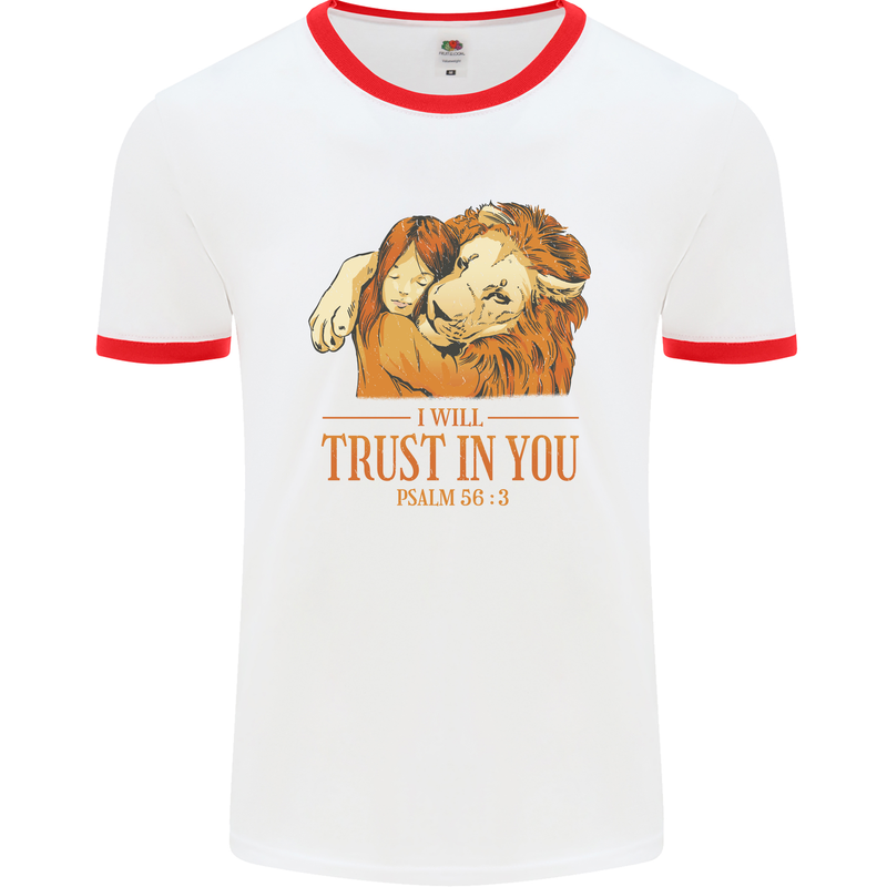 Religion Christianity Bible Trust in Lion Mens White Ringer T-Shirt White/Red