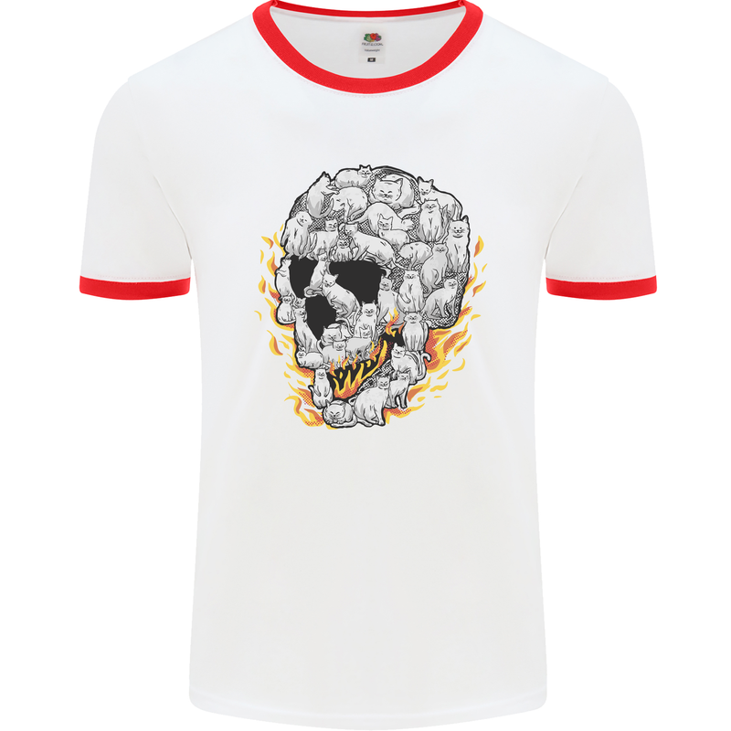 Fire Skull Made of Cats Mens White Ringer T-Shirt White/Red