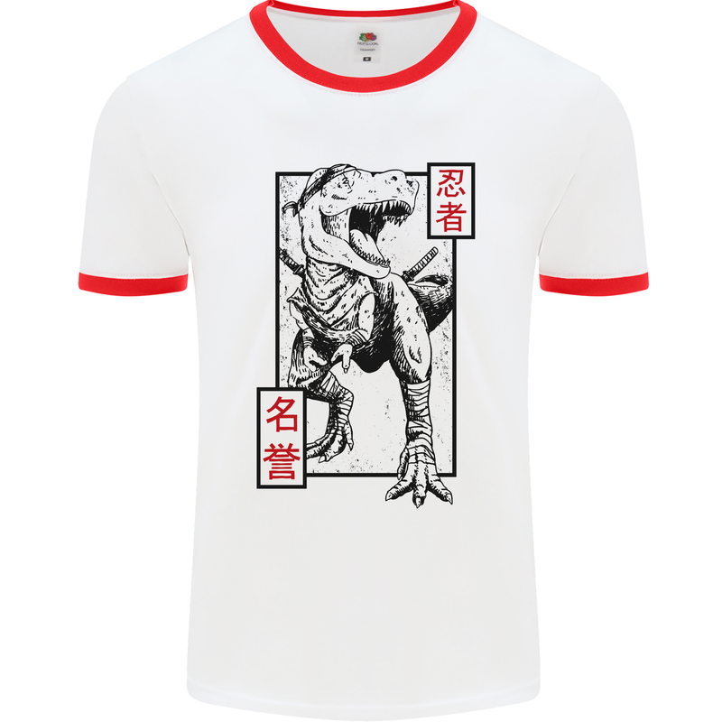 Japanese T-Rex Ninja MMA Mixed Martial Arts Mens White Ringer T-Shirt White/Red