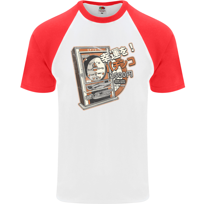 Pachinko Machine Arcade Game Pinball Mens S/S Baseball T-Shirt White/Red
