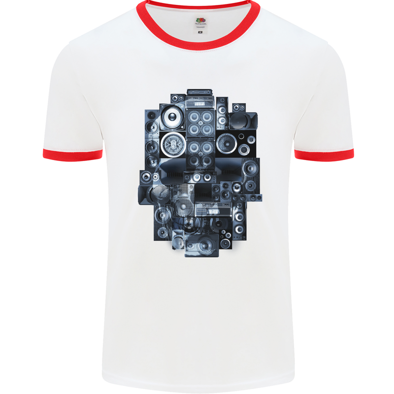 Speaker Skull Music Hi-Fi Mens White Ringer T-Shirt White/Red