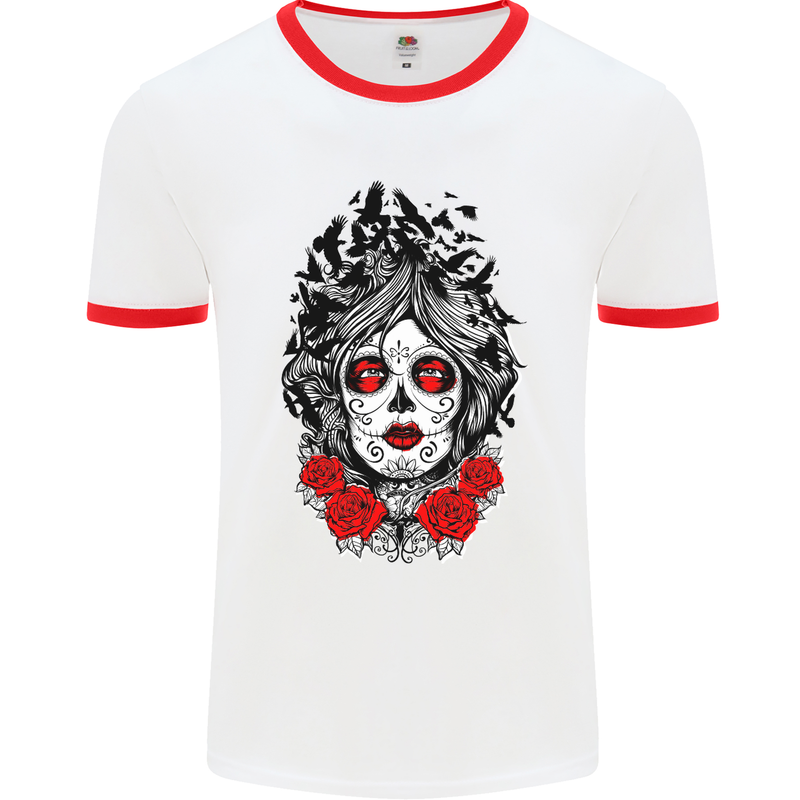 Day of the Dead Sugar Skull DOTD Mexico Mens White Ringer T-Shirt White/Red