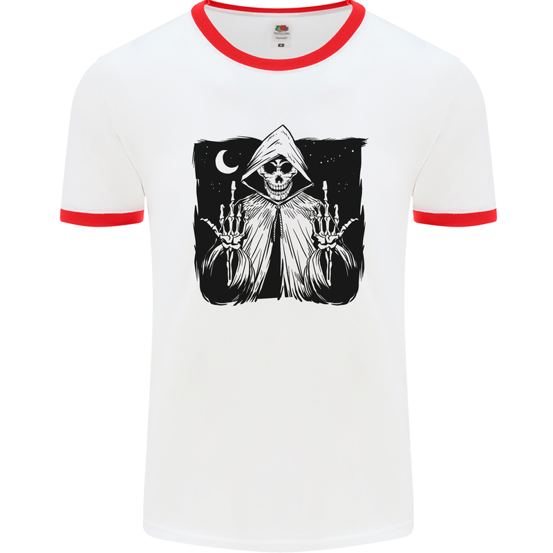 Grim Reaper Finger Flip Skull Biker Funny Mens White Ringer T-Shirt White/Red