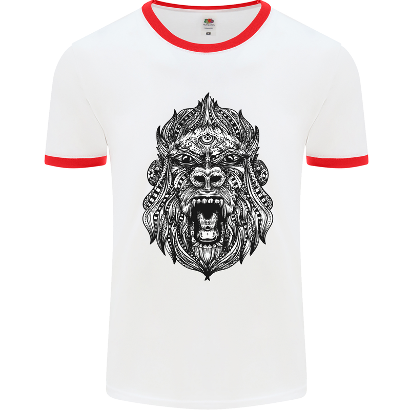 Ape Mandala Art Mens White Ringer T-Shirt White/Red