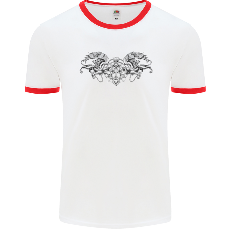 St Georges Day Roman Skull Wings Panther Mens White Ringer T-Shirt White/Red