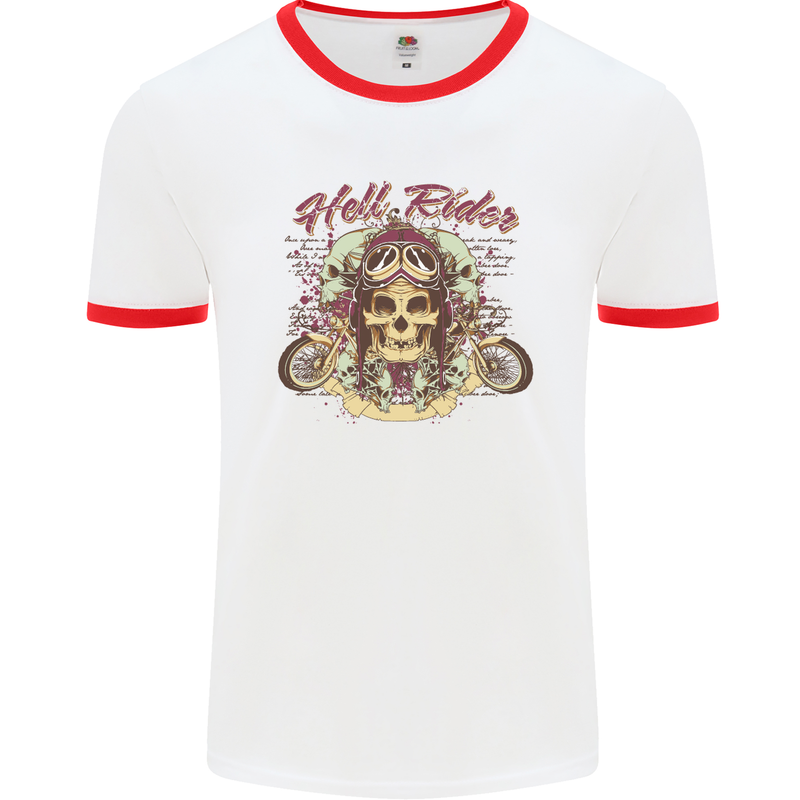 Hell Riders Motorcycle Motorbike Biker Mens White Ringer T-Shirt White/Red