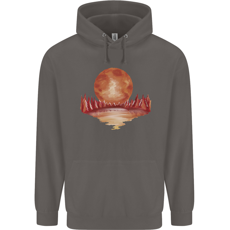Red Moon Lake Universe Cosmos Space Mens 80% Cotton Hoodie Charcoal