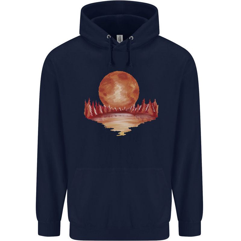 Red Moon Lake Universe Cosmos Space Mens 80% Cotton Hoodie Navy Blue