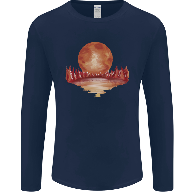 Red Moon Lake Universe Cosmos Space Mens Long Sleeve T-Shirt Navy Blue