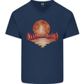 Red Moon Lake Universe Cosmos Space Mens V-Neck Cotton T-Shirt Navy Blue