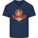 Red Moon Lake Universe Cosmos Space Mens V-Neck Cotton T-Shirt Navy Blue