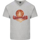 Red Moon Lake Universe Cosmos Space Mens V-Neck Cotton T-Shirt Sports Grey