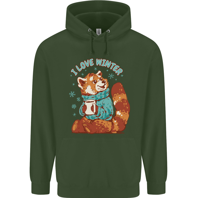 Red Panda Bear I Love Winter Childrens Kids Hoodie Forest Green