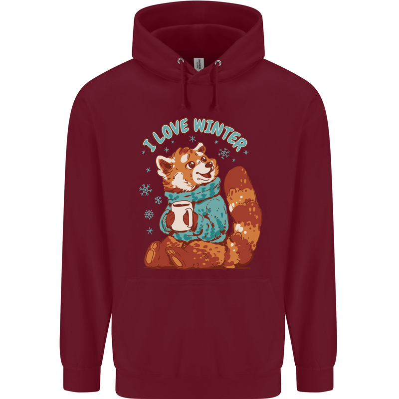 Red Panda Bear I Love Winter Childrens Kids Hoodie Maroon