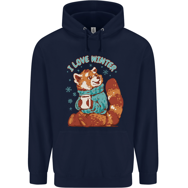 Red Panda Bear I Love Winter Childrens Kids Hoodie Navy Blue