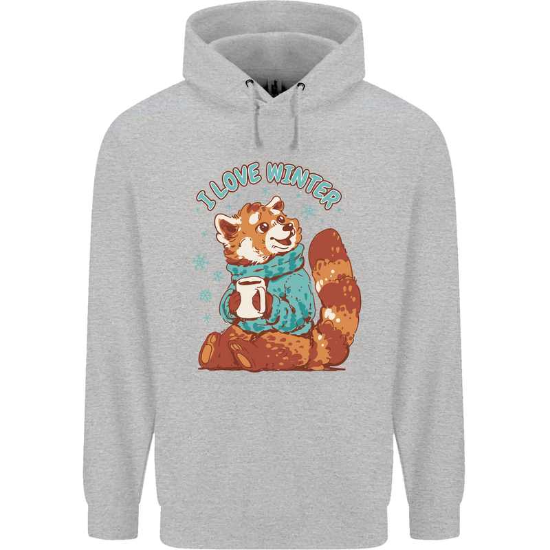 Red Panda Bear I Love Winter Childrens Kids Hoodie Sports Grey