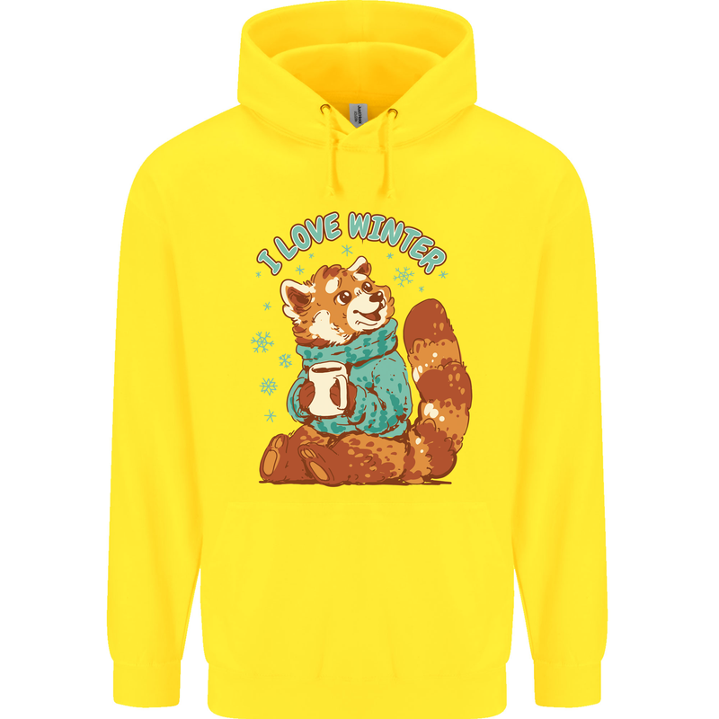 Red Panda Bear I Love Winter Childrens Kids Hoodie Yellow