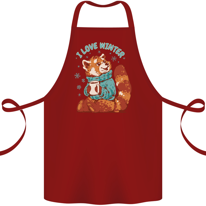 Red Panda Bear I Love Winter Cotton Apron 100% Organic Maroon