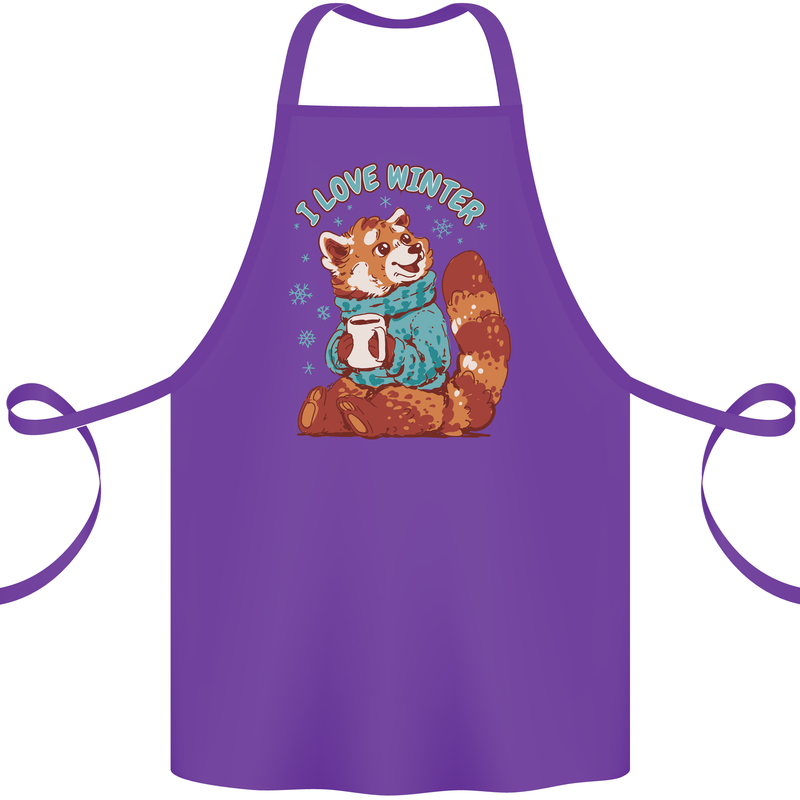 Red Panda Bear I Love Winter Cotton Apron 100% Organic Purple