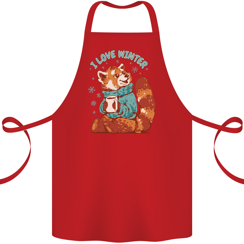 Red Panda Bear I Love Winter Cotton Apron 100% Organic Red