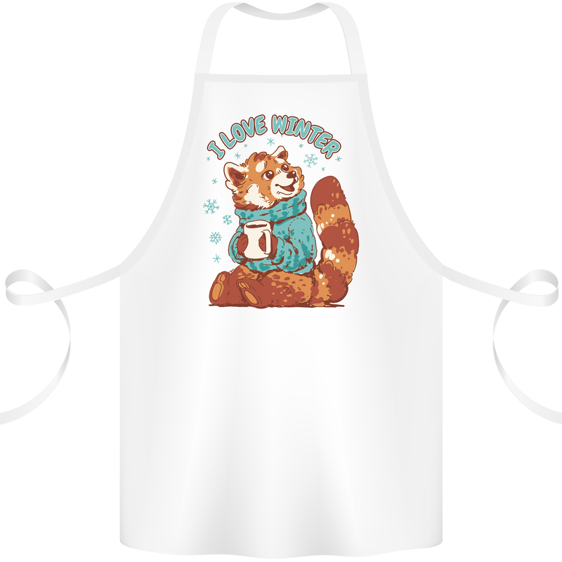 Red Panda Bear I Love Winter Cotton Apron 100% Organic White