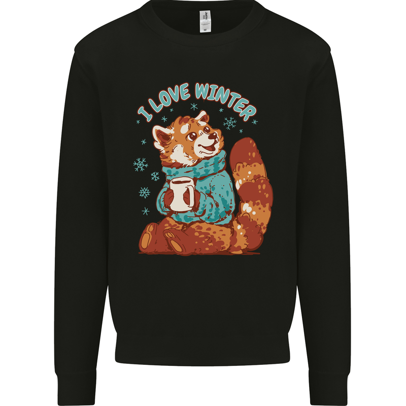 Red Panda Bear I Love Winter Kids Sweatshirt Jumper Black