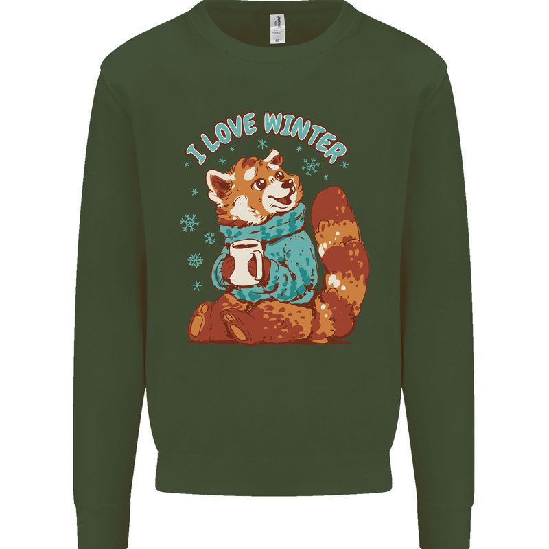 Red Panda Bear I Love Winter Kids Sweatshirt Jumper Forest Green
