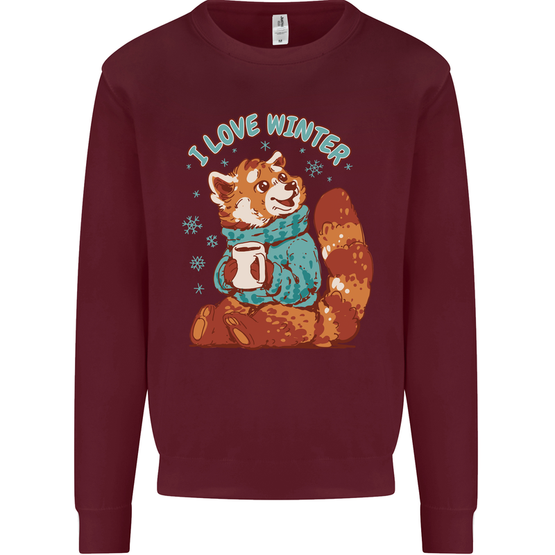 Red Panda Bear I Love Winter Kids Sweatshirt Jumper Maroon