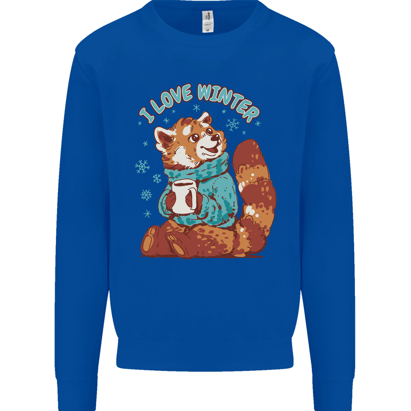 Red Panda Bear I Love Winter Kids Sweatshirt Jumper Royal Blue