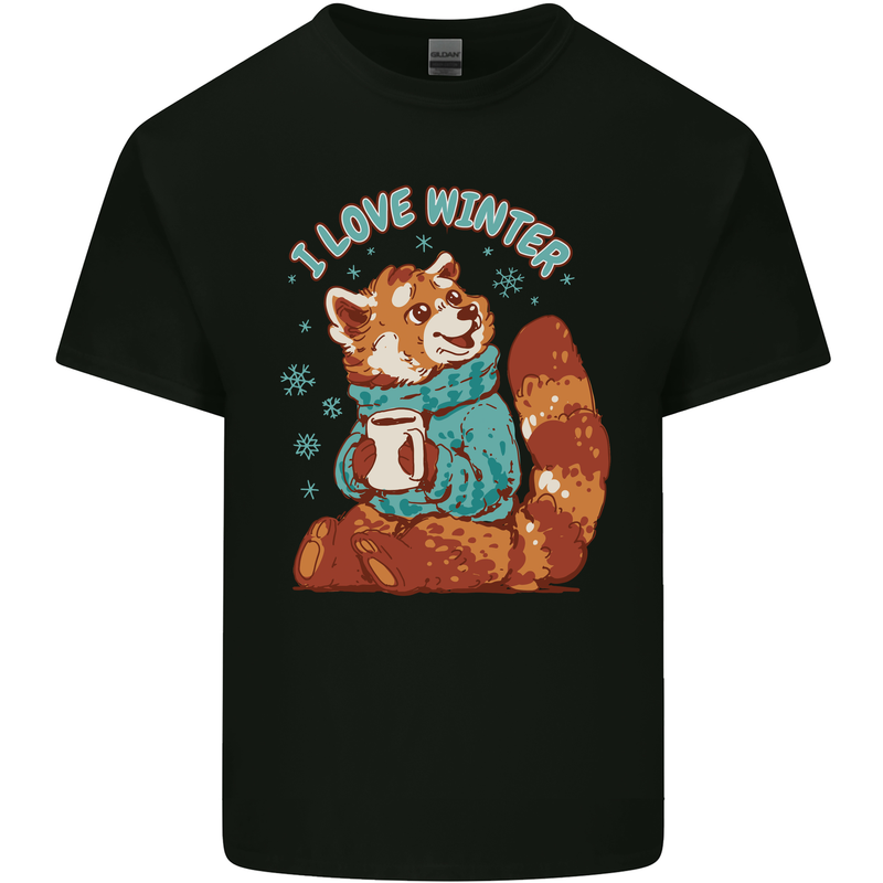 Red Panda Bear I Love Winter Mens Cotton T-Shirt Tee Top Black