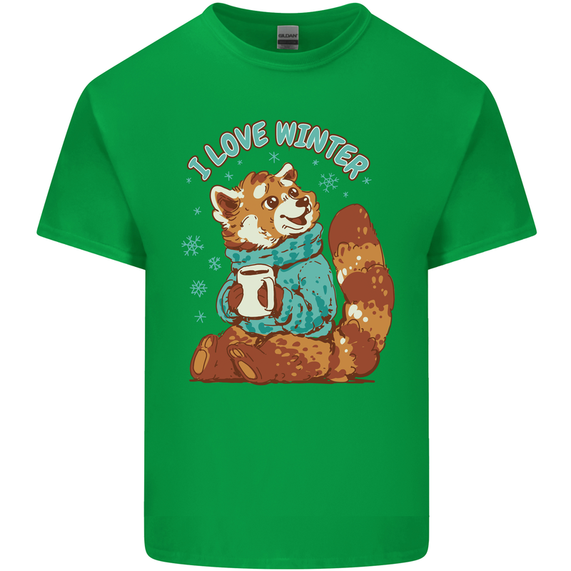 Red Panda Bear I Love Winter Mens Cotton T-Shirt Tee Top Irish Green