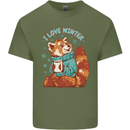 Red Panda Bear I Love Winter Mens Cotton T-Shirt Tee Top Military Green