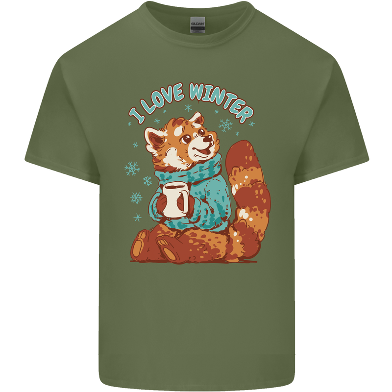 Red Panda Bear I Love Winter Mens Cotton T-Shirt Tee Top Military Green