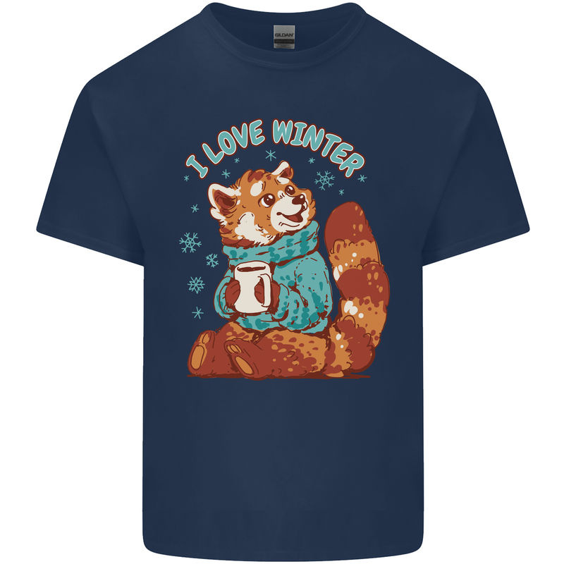 Red Panda Bear I Love Winter Mens Cotton T-Shirt Tee Top Navy Blue