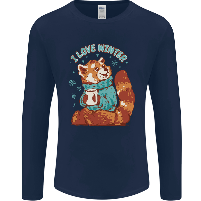 Red Panda Bear I Love Winter Mens Long Sleeve T-Shirt Navy Blue