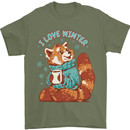 Red Panda Bear I Love Winter Mens T-Shirt 100% Cotton Military Green