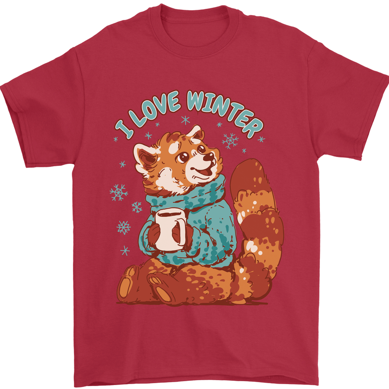 Red Panda Bear I Love Winter Mens T-Shirt 100% Cotton Red