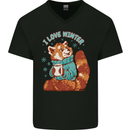Red Panda Bear I Love Winter Mens V-Neck Cotton T-Shirt Black