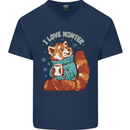 Red Panda Bear I Love Winter Mens V-Neck Cotton T-Shirt Navy Blue