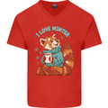 Red Panda Bear I Love Winter Mens V-Neck Cotton T-Shirt Red