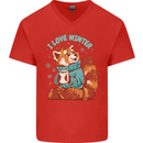 Red Panda Bear I Love Winter Mens V-Neck Cotton T-Shirt Red