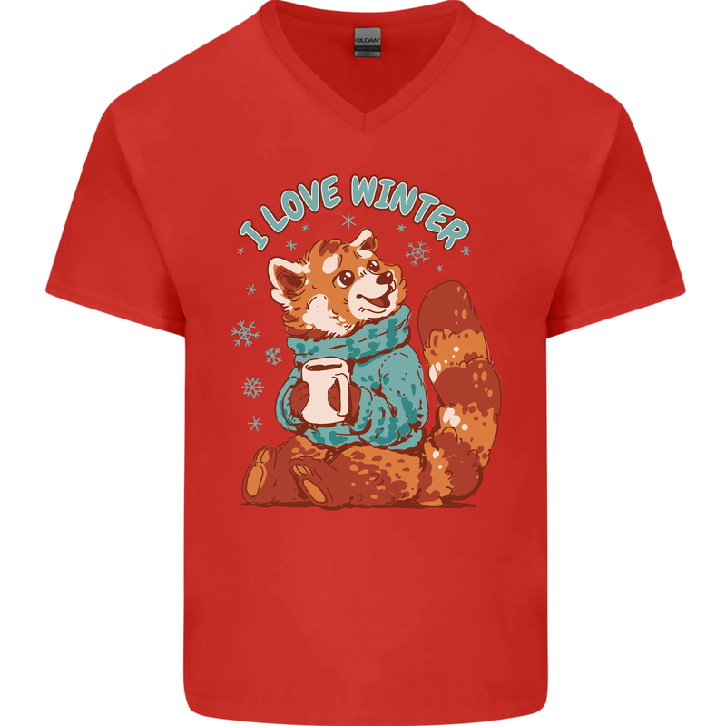 Red Panda Bear I Love Winter Mens V-Neck Cotton T-Shirt Red