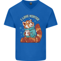 Red Panda Bear I Love Winter Mens V-Neck Cotton T-Shirt Royal Blue