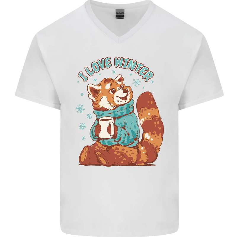 Red Panda Bear I Love Winter Mens V-Neck Cotton T-Shirt White