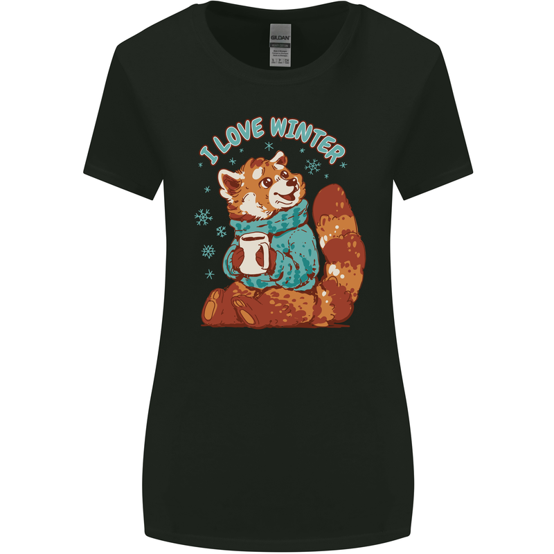 Red Panda Bear I Love Winter Womens Wider Cut T-Shirt Black