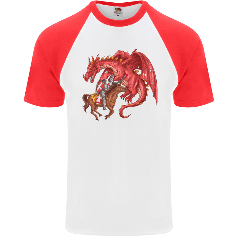 St. George Killing a Dragon Mens S/S Baseball T-Shirt White/Red