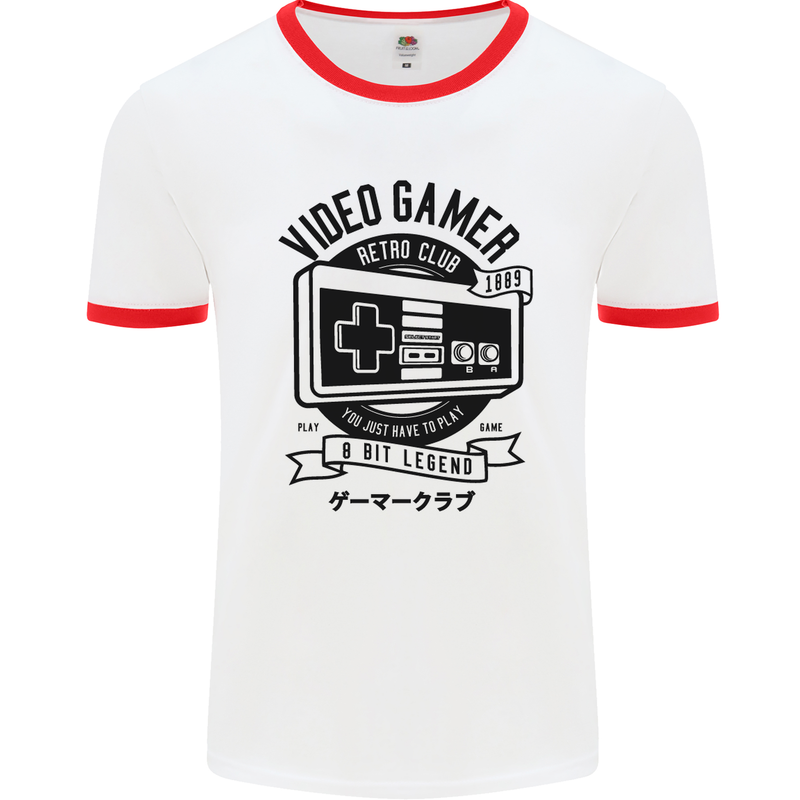 Video Gamer Retro Club Gaming Mens White Ringer T-Shirt White/Red