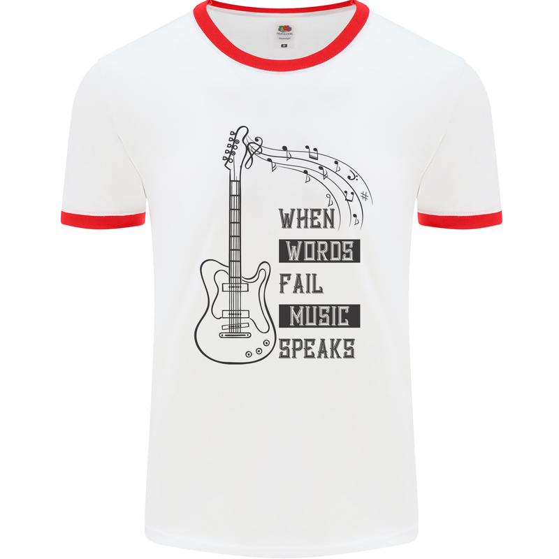 Guitar When Words Fail Music Speaks Mens Ringer T-Shirt White/Red