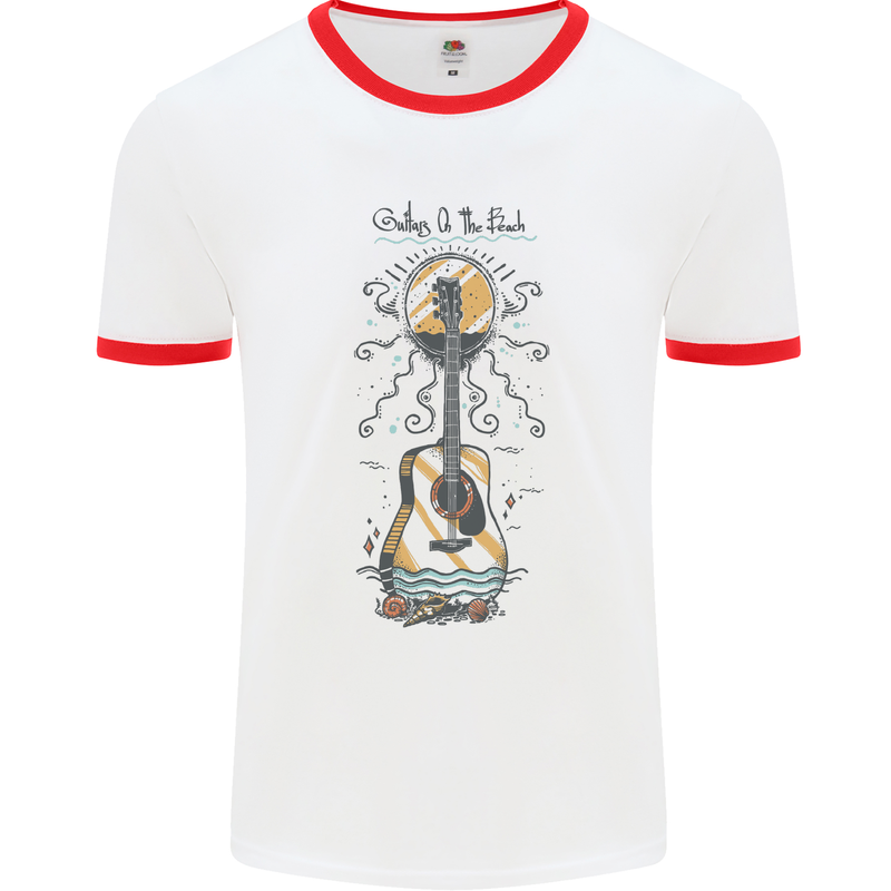 Guitar Beach Acoustic Holiday Surfing Music Mens White Ringer T-Shirt White/Red