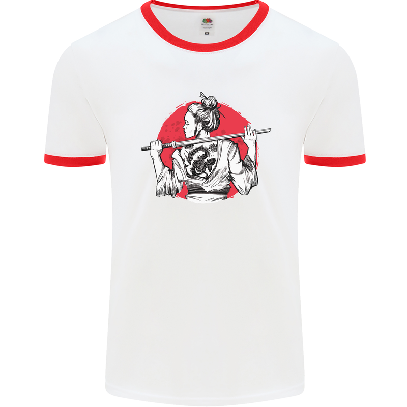 Samurai Tattoo Girl MMA Kenjutsu Kendo Iaido Mens White Ringer T-Shirt White/Red